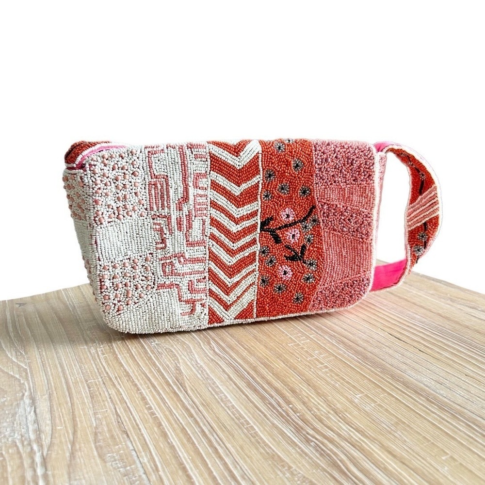 NEW America & Beyond Tigerlily Beaded Patchwork Shoulder Bag Coral Pink - Picture 3 of 9